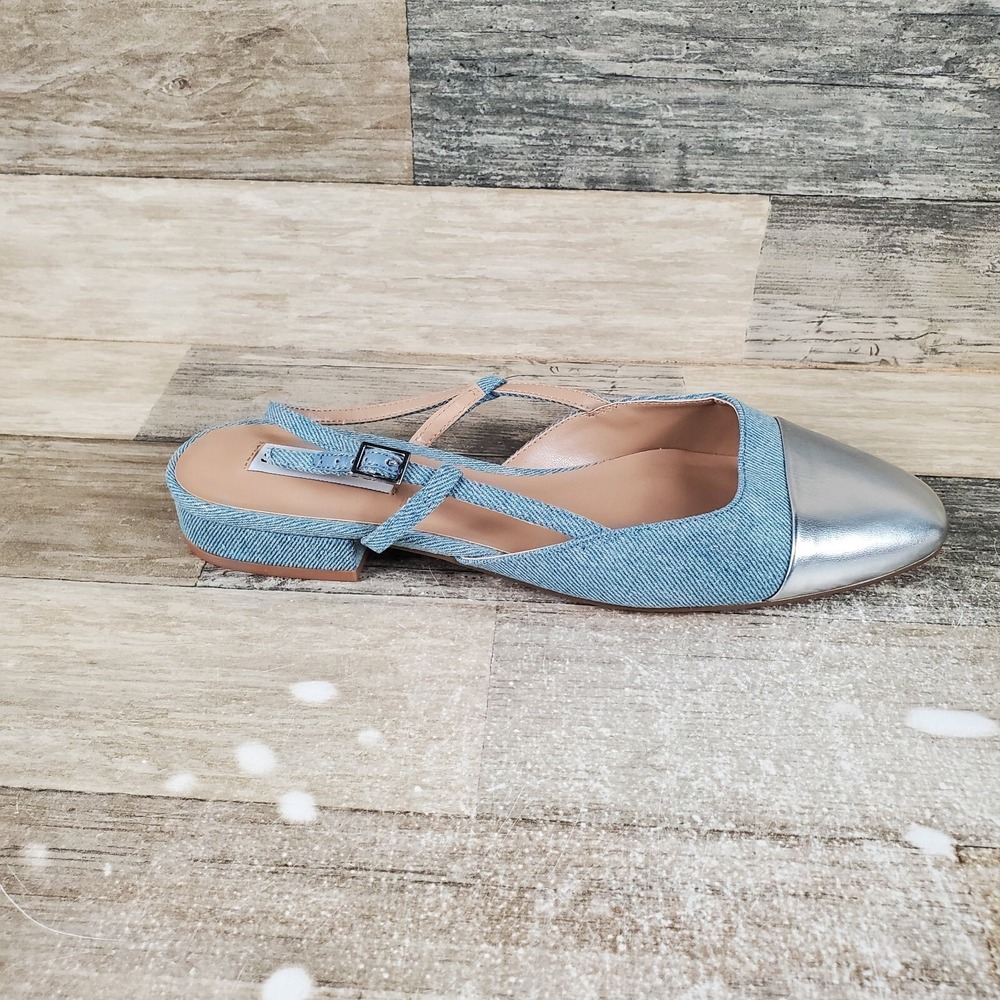 Steve Madden Belinda Flat Shoes Womens Sz‎ 9.5 Blue Silver Almond Toe Slingback